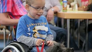 Kind lacht im Rollstuhl und hält Hund an der Leine